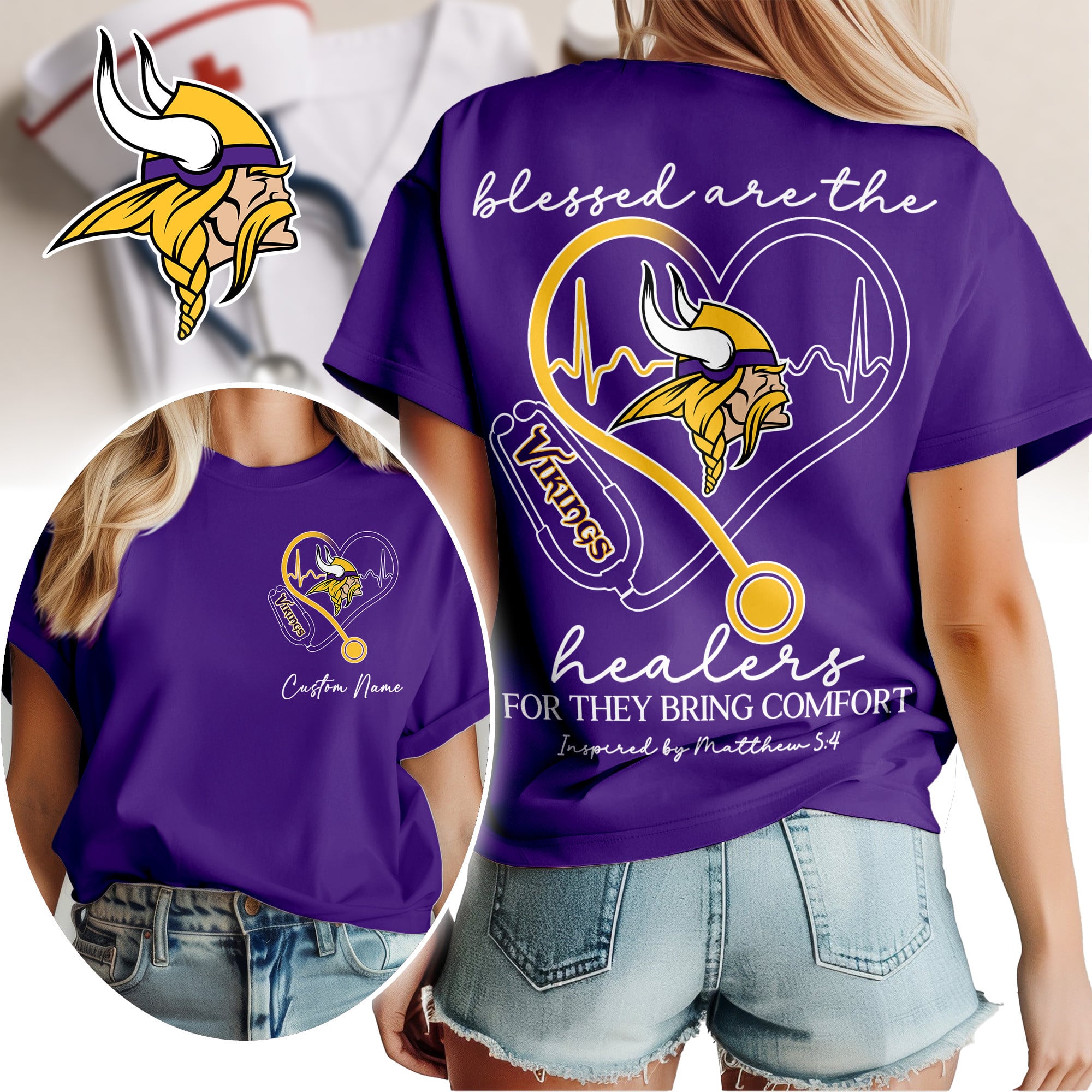 Minnesota Vikings | Premium NFL Heart of A Nurse Game Day 3D Shirt NTH1 - Image 2