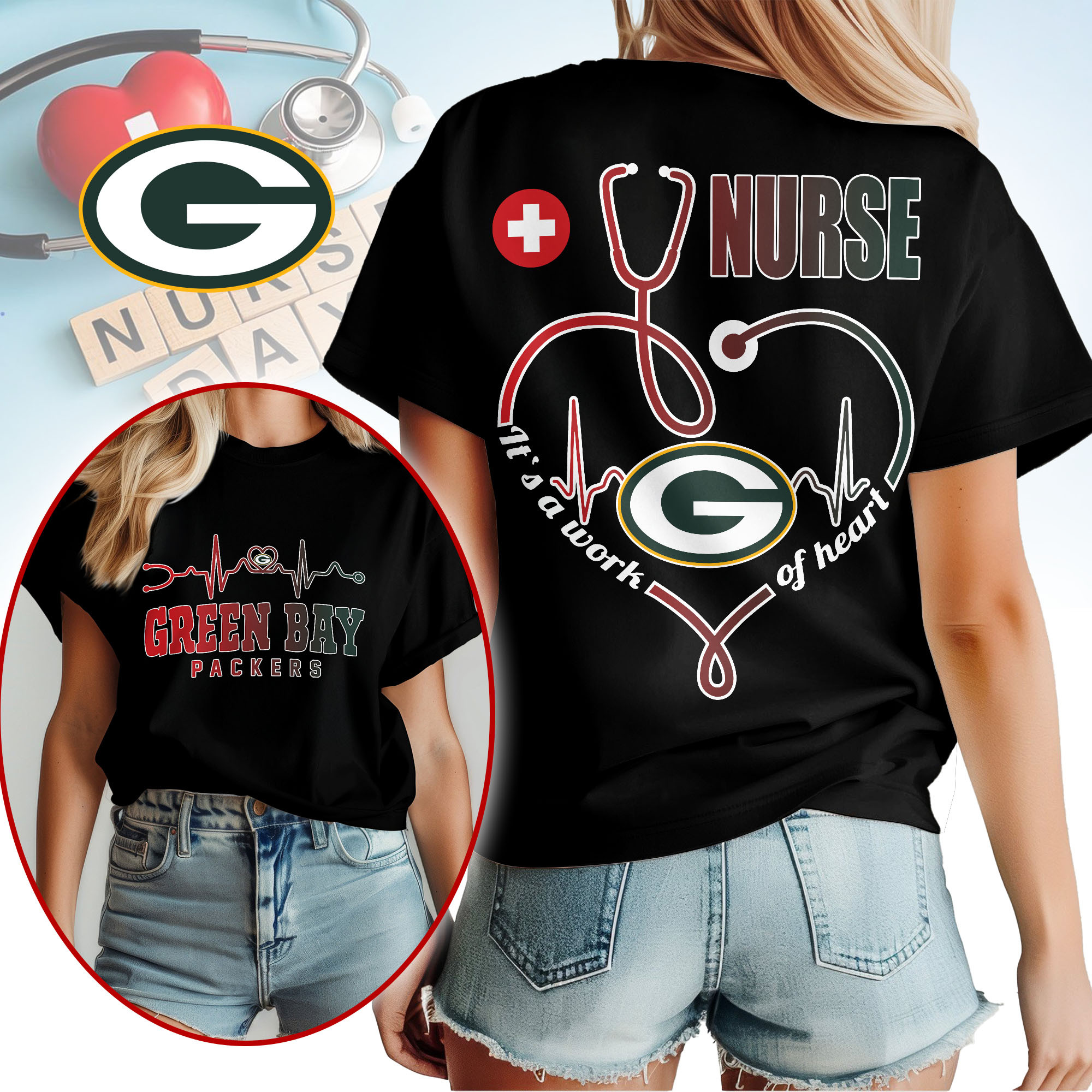 Green Bay Packers | Premium NFL Nurse Heartbeat 3D T-Shirt NTH1 - Image 2