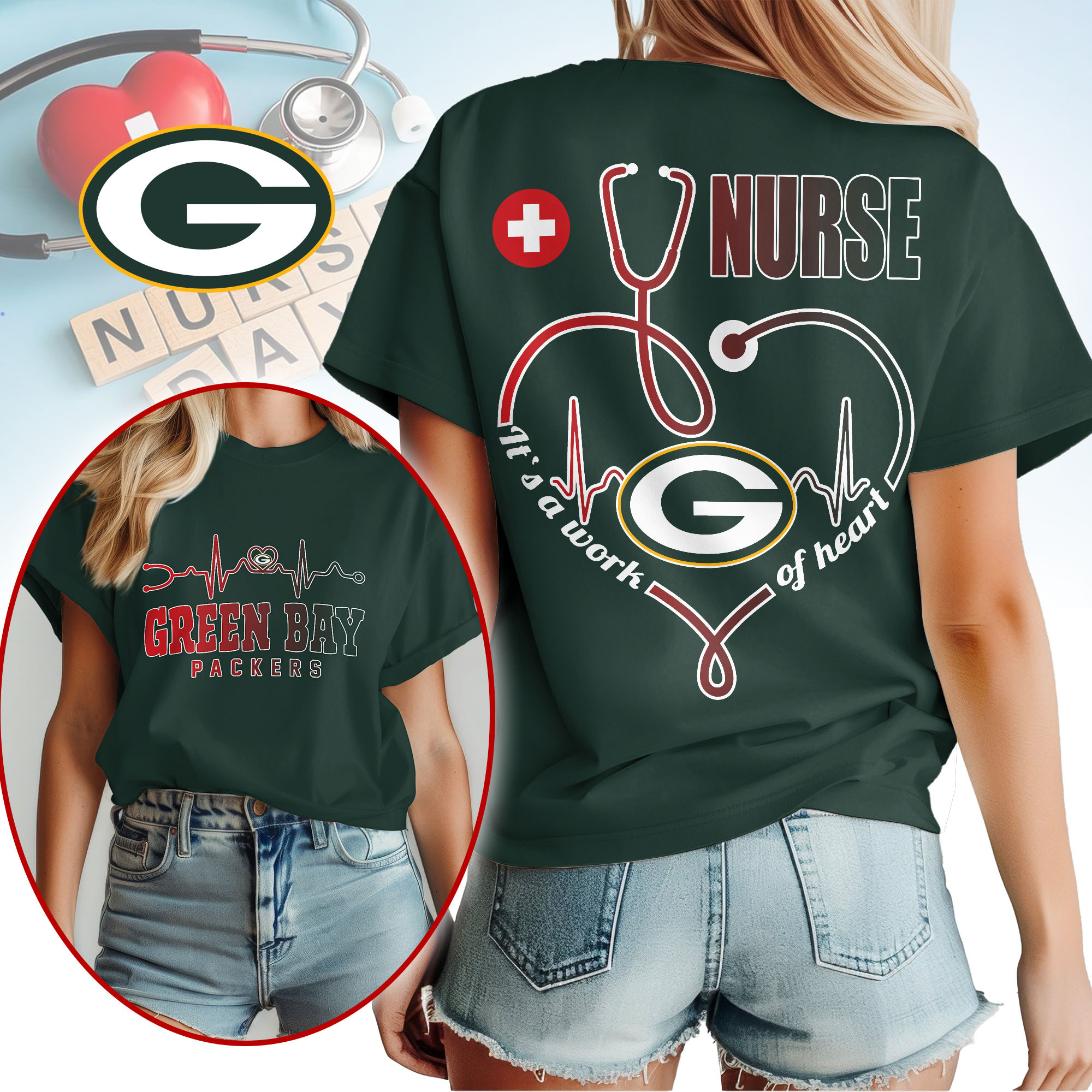 Green Bay Packers | Premium NFL Nurse Heartbeat 3D T-Shirt NTH1 - Image 3