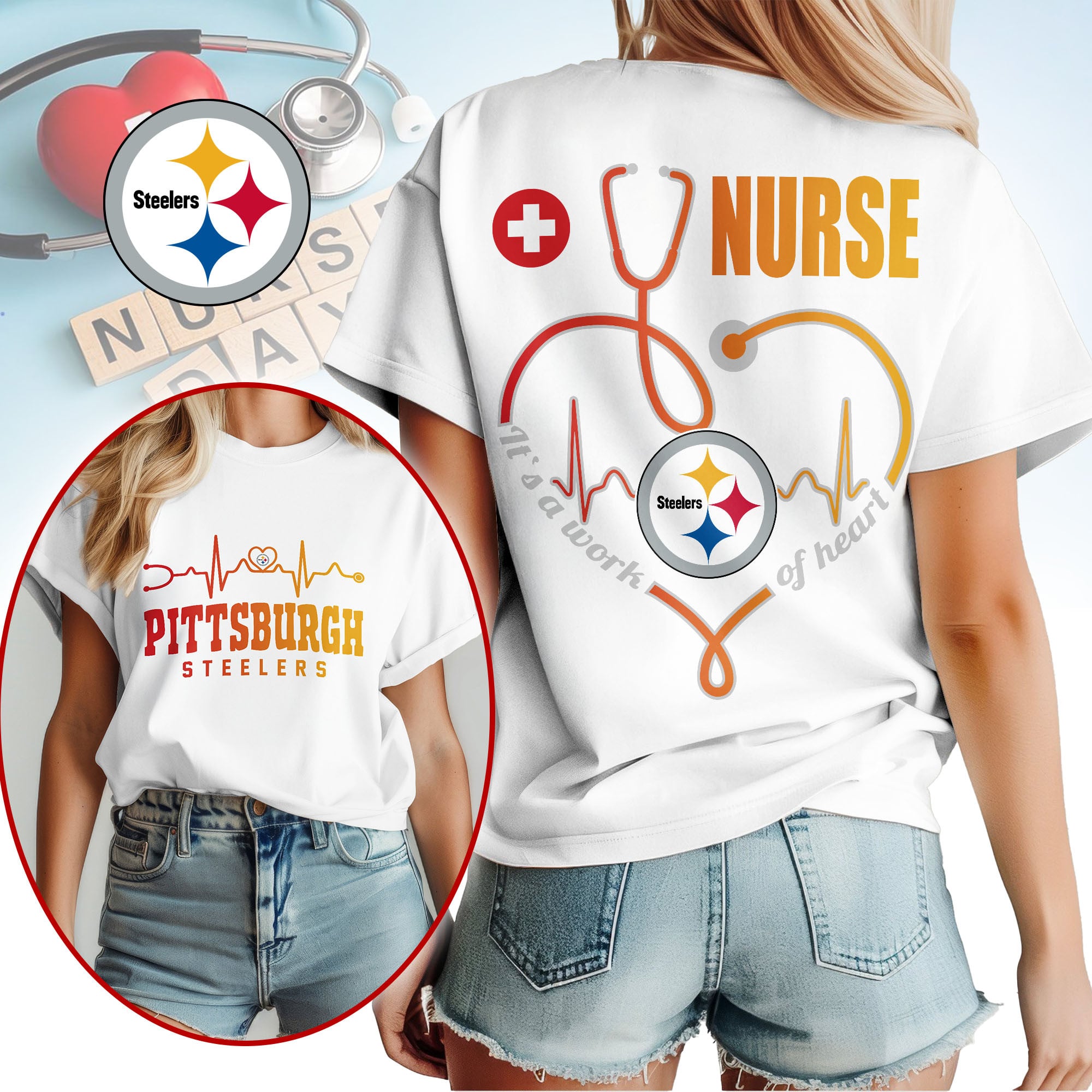 Pittsburgh Steelers | Premium NFL Nurse Heartbeat 3D T-Shirt NTH1