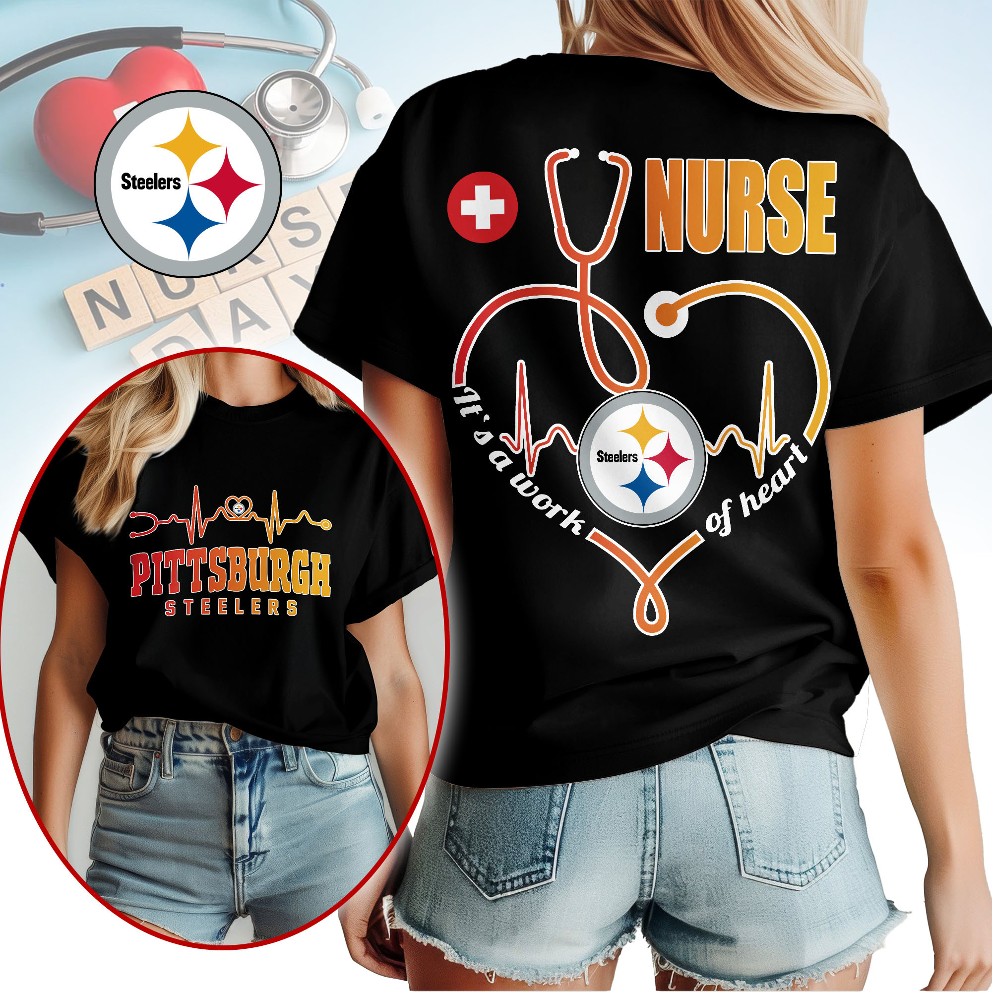 Pittsburgh Steelers | Premium NFL Nurse Heartbeat 3D T-Shirt NTH1 - Image 2
