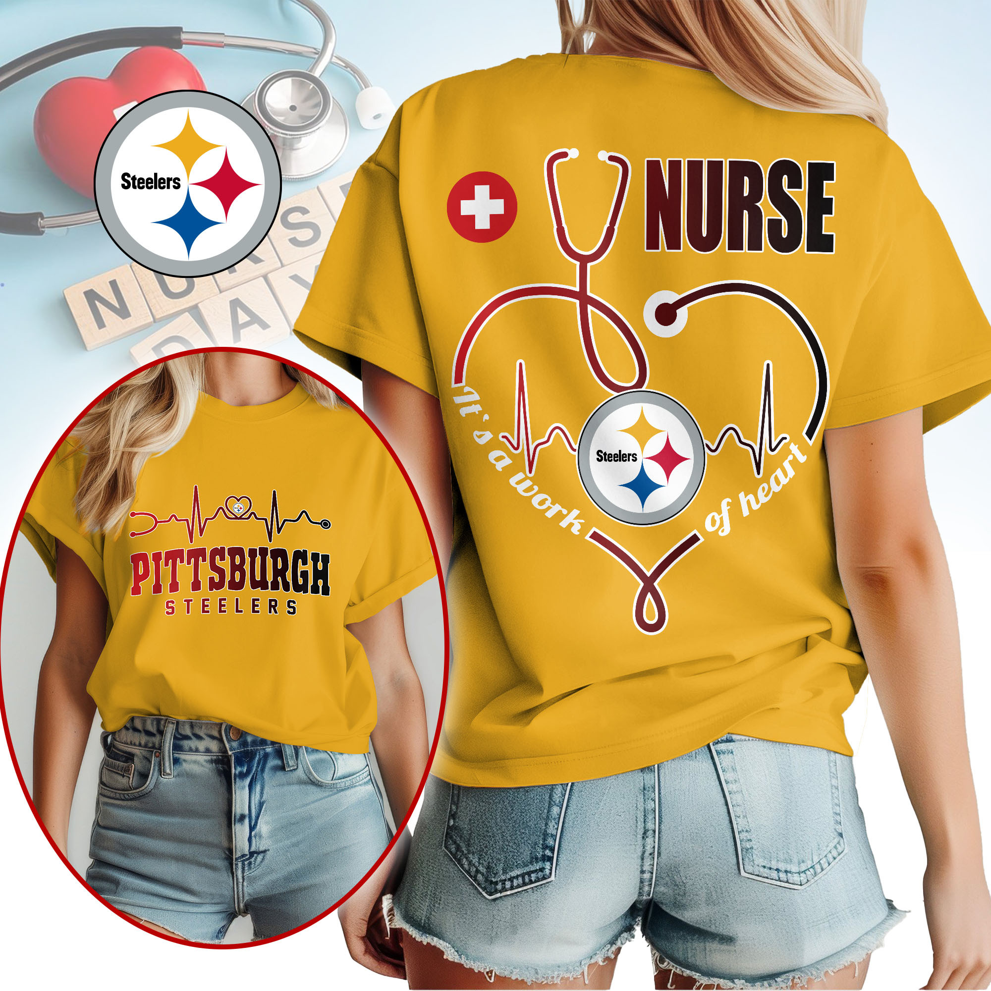 Pittsburgh Steelers | Premium NFL Nurse Heartbeat 3D T-Shirt NTH1 - Image 3