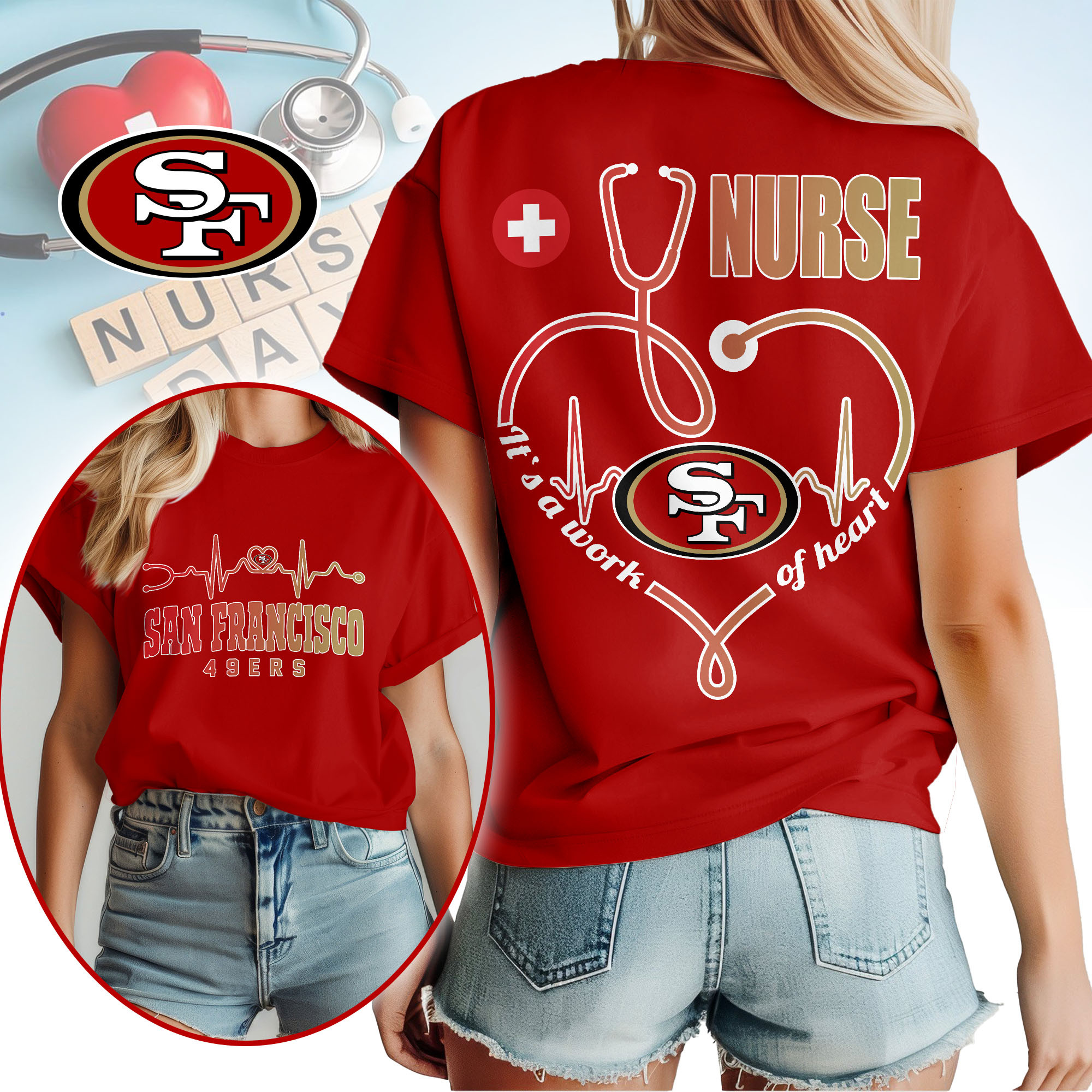 San Francisco 49ers | Premium NFL Nurse Heartbeat 3D T-Shirt NTH1 - Image 3