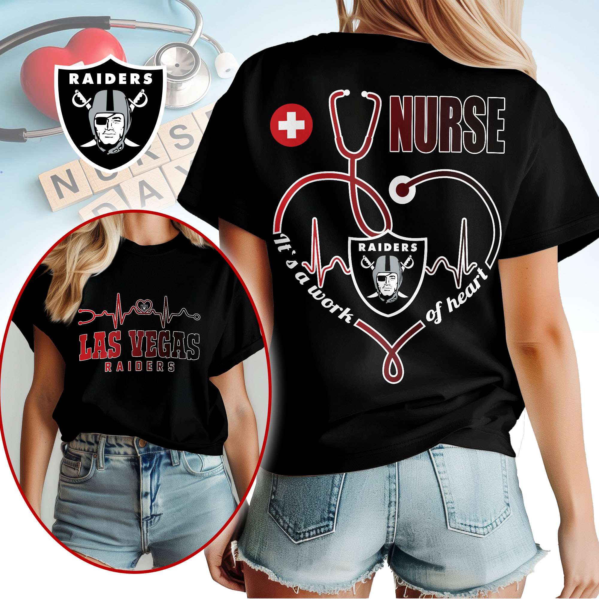 Las Vegas Raiders | Premium NFL Nurse Heartbeat 3D T-Shirt NTH1 - Image 2