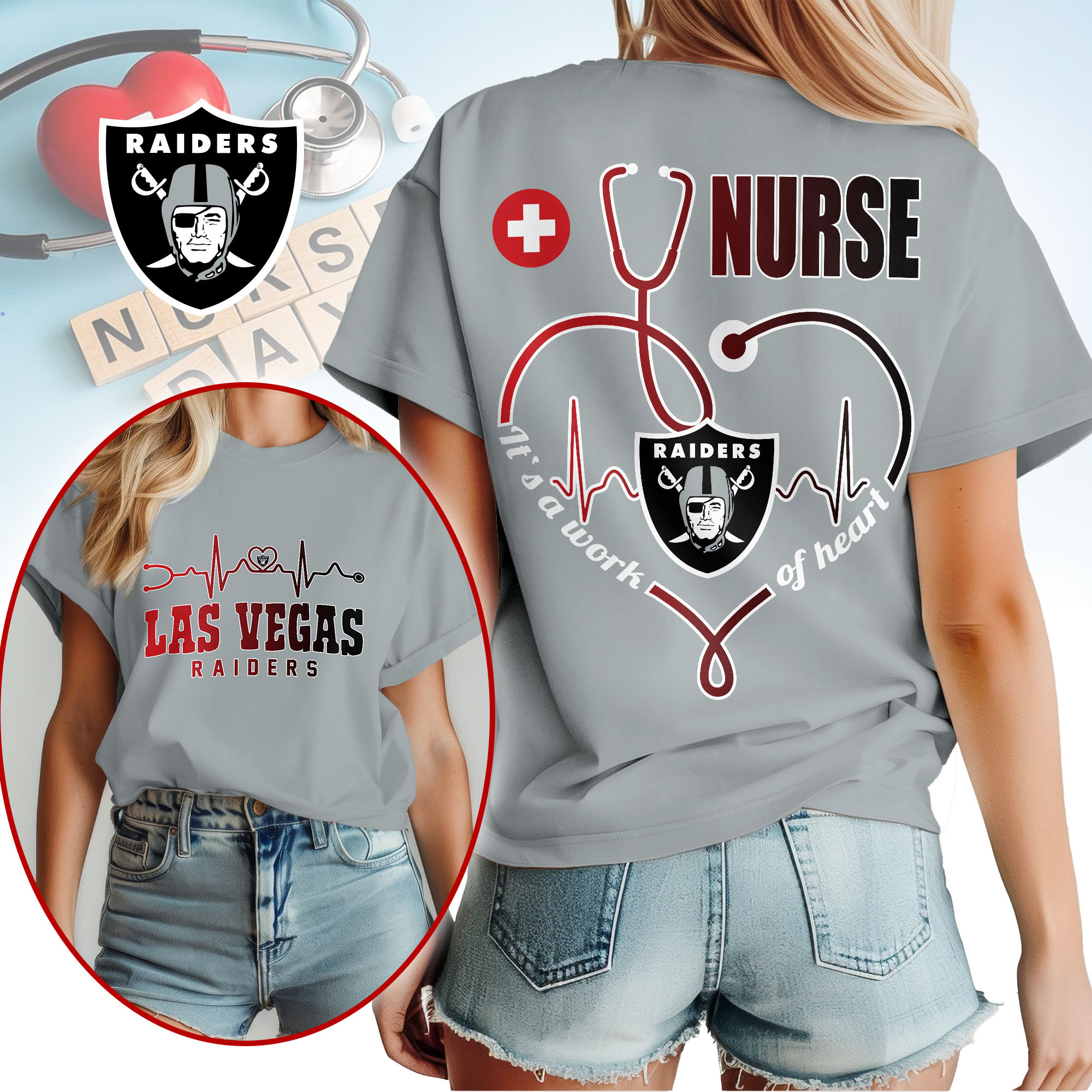 Las Vegas Raiders | Premium NFL Nurse Heartbeat 3D T-Shirt NTH1 - Image 3