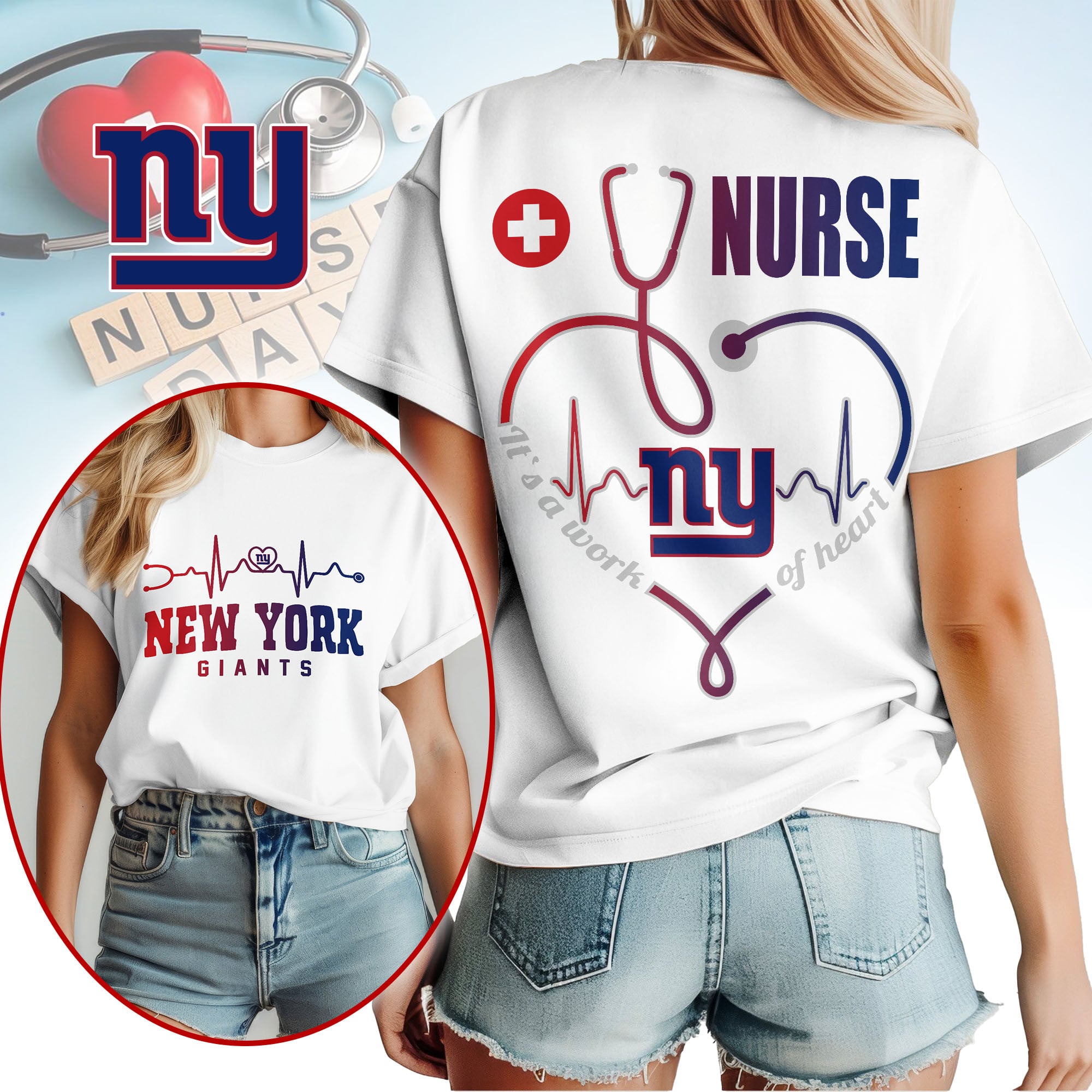 New York Giants | Premium NFL Nurse Heartbeat 3D T-Shirt NTH1