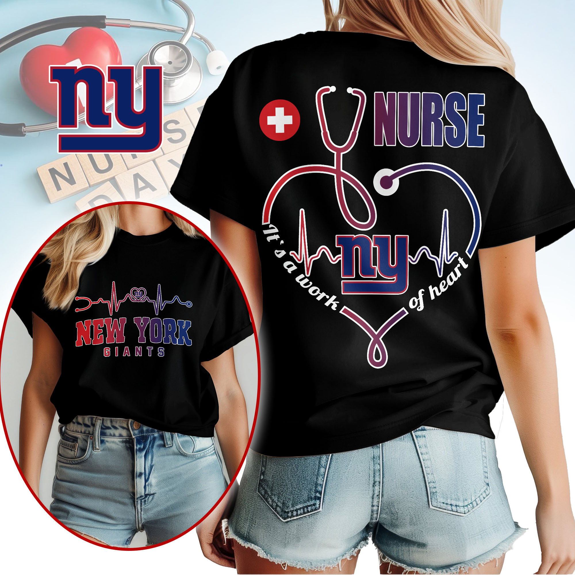 New York Giants | Premium NFL Nurse Heartbeat 3D T-Shirt NTH1 - Image 2