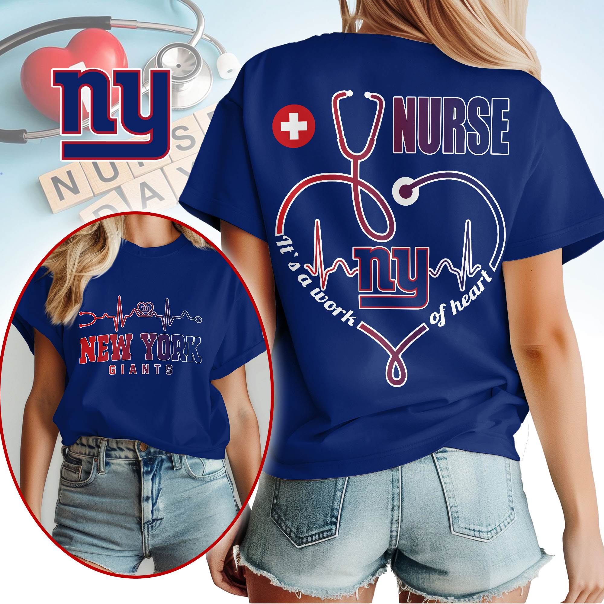 New York Giants | Premium NFL Nurse Heartbeat 3D T-Shirt NTH1 - Image 3