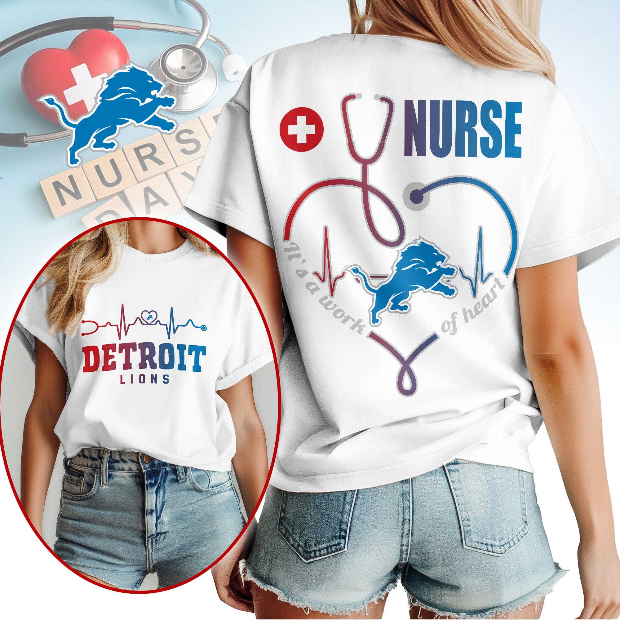 Detroit Lions | Premium NFL Nurse Heartbeat 3D T-Shirt NTH1