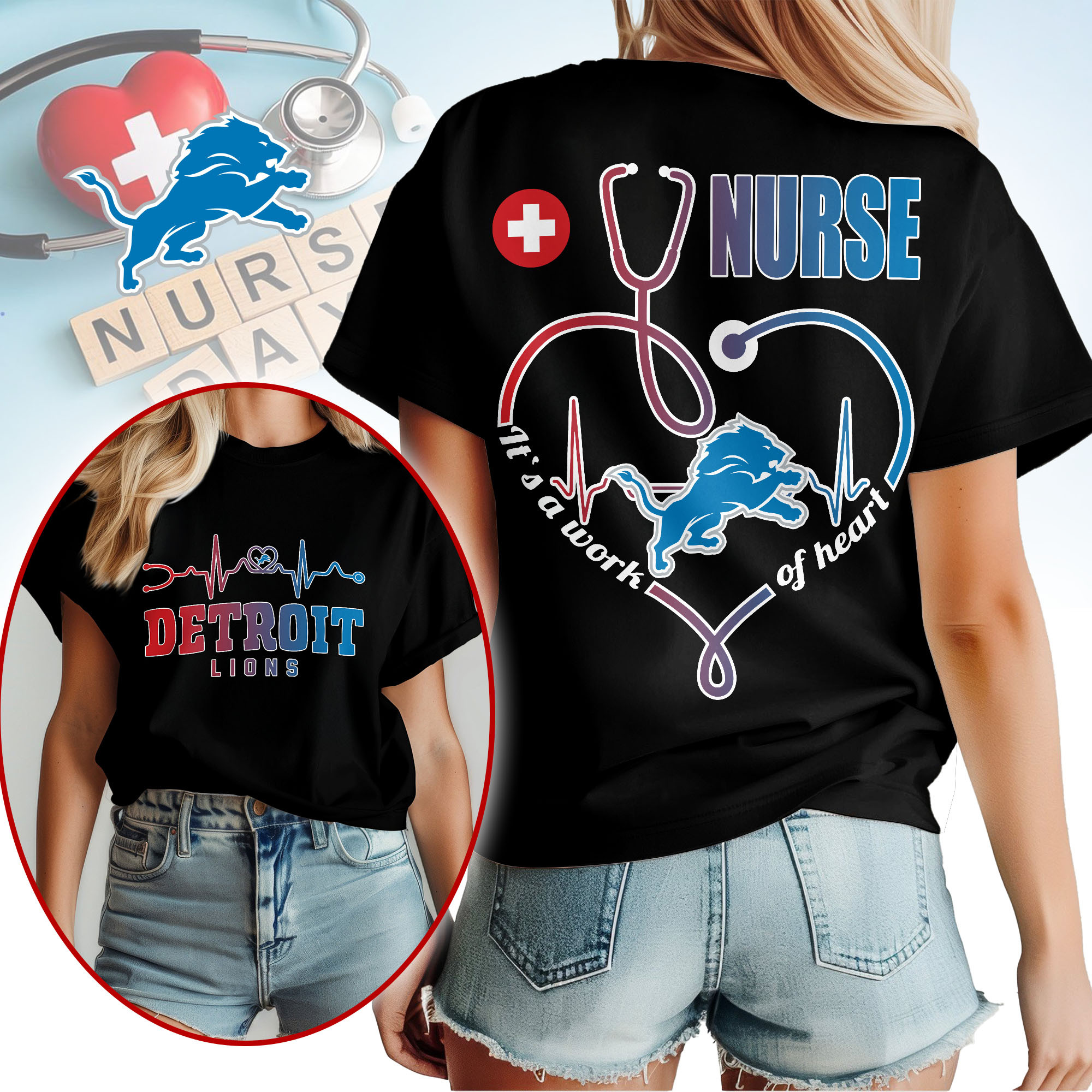 Detroit Lions | Premium NFL Nurse Heartbeat 3D T-Shirt NTH1 - Image 2