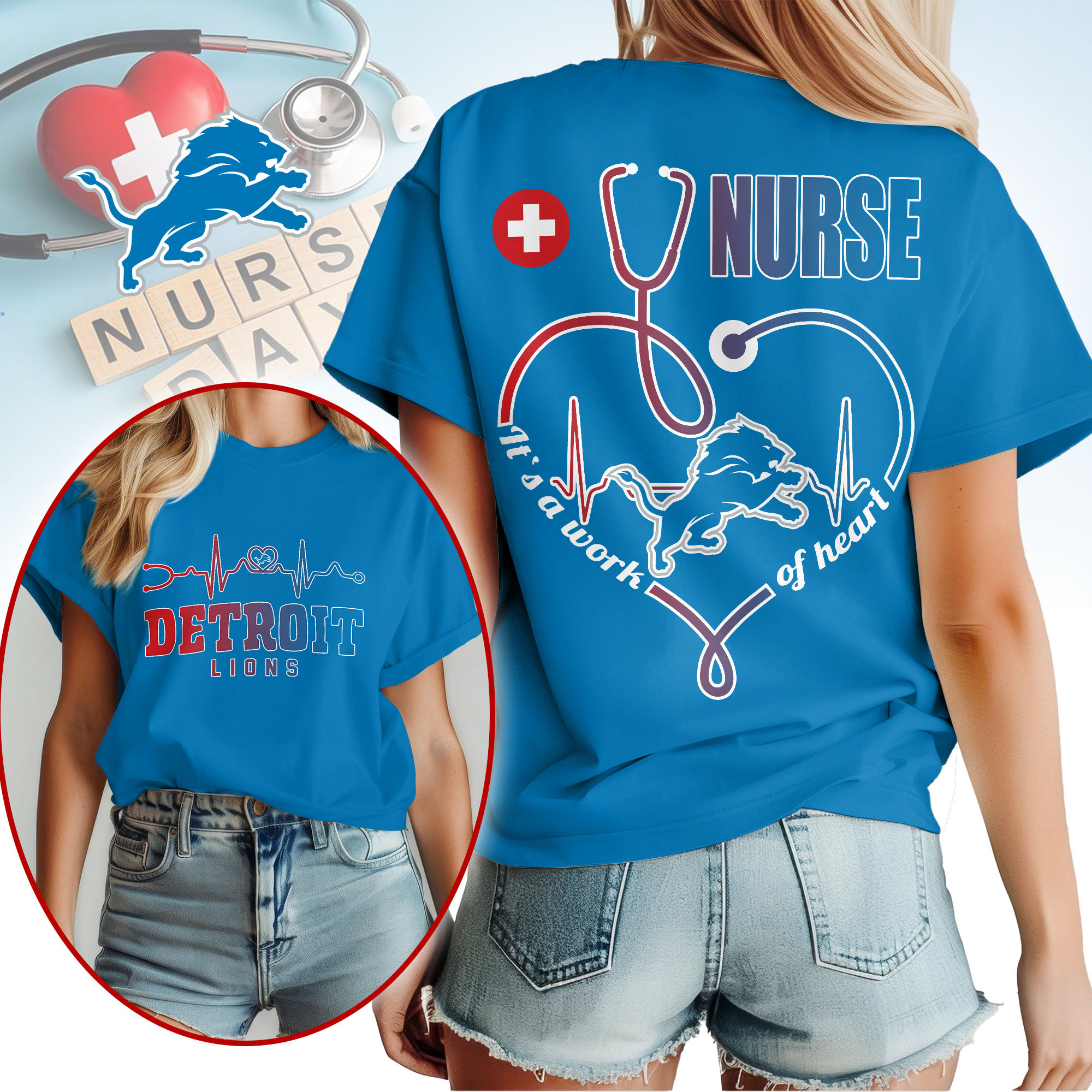Detroit Lions | Premium NFL Nurse Heartbeat 3D T-Shirt NTH1 - Image 3