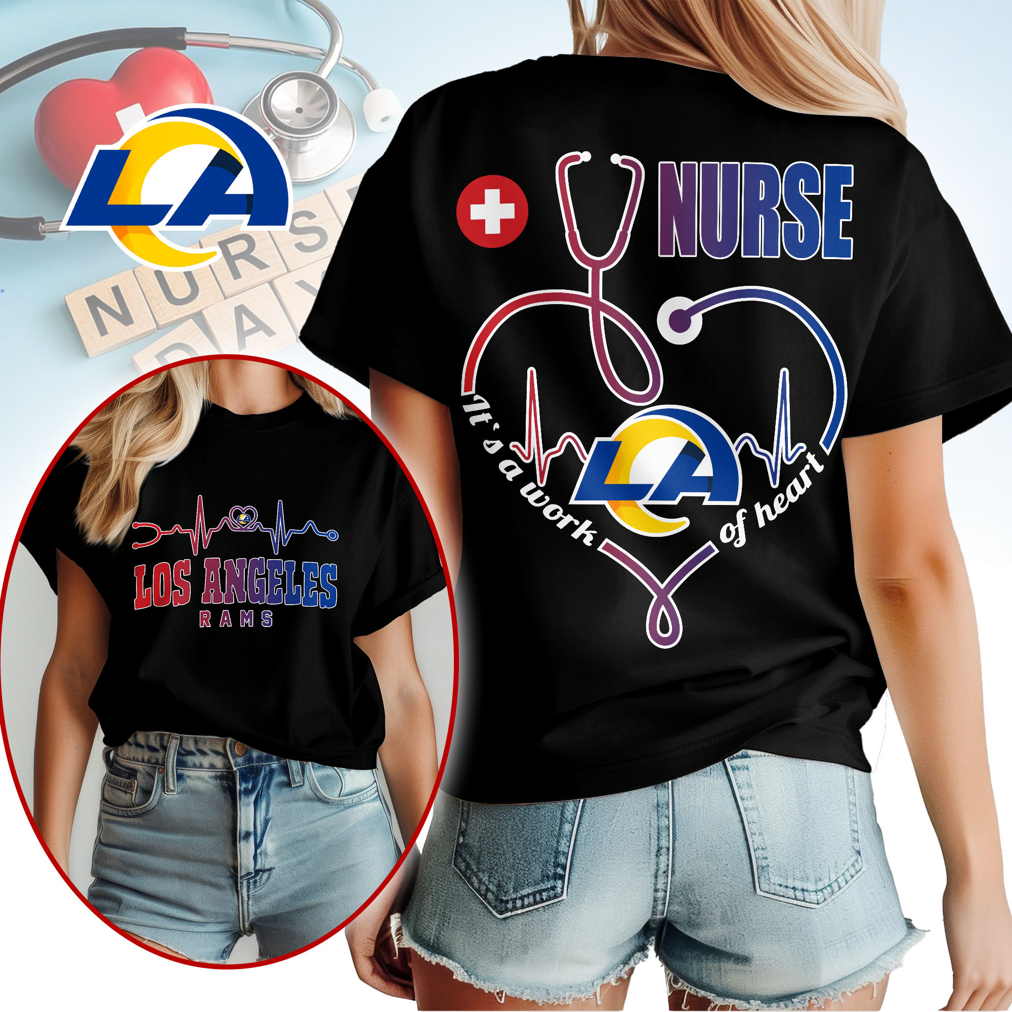 Los Angeles Rams | Premium NFL Nurse Heartbeat 3D T-Shirt NTH1 - Image 2