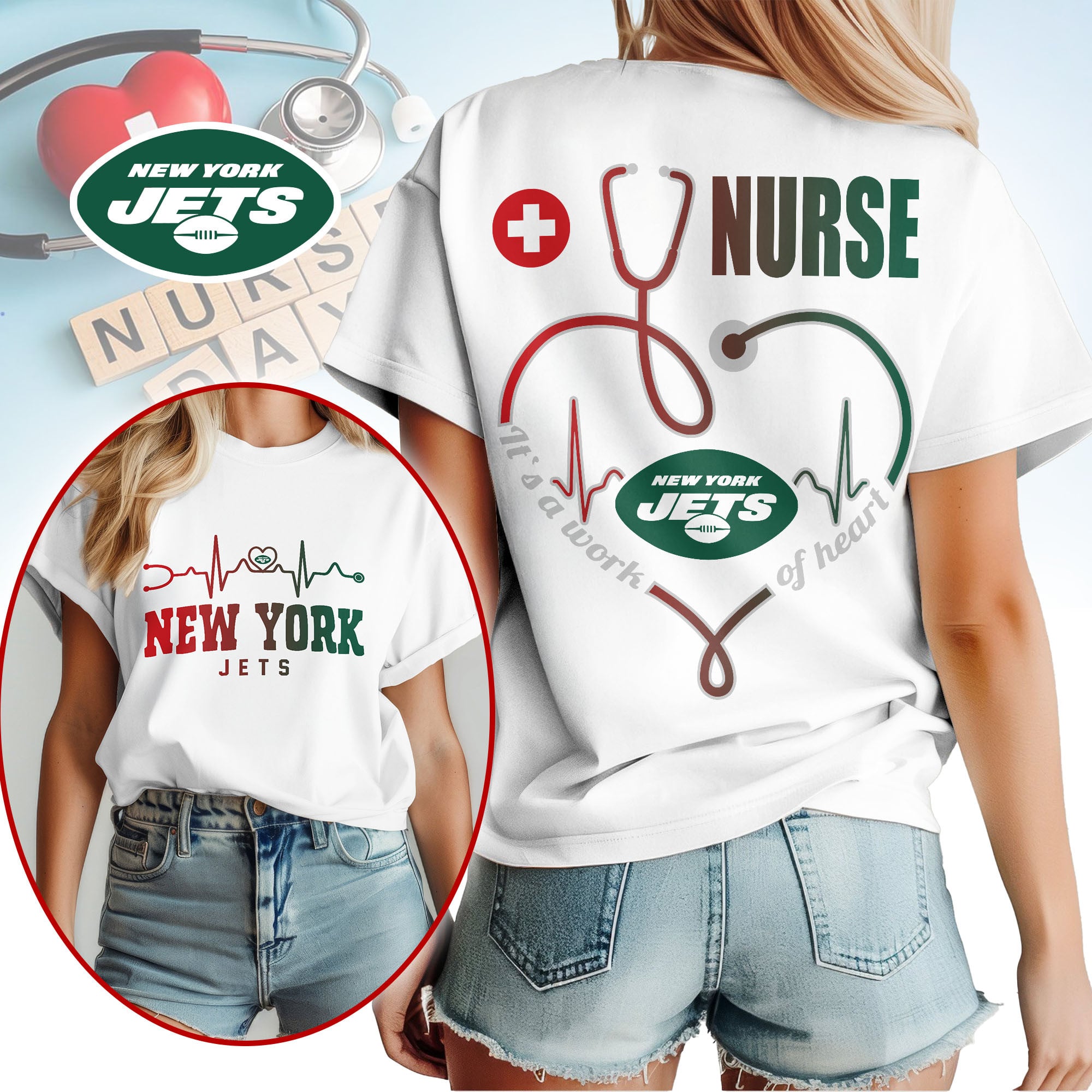 New York Jets | Premium NFL Nurse Heartbeat 3D T-Shirt NTH1
