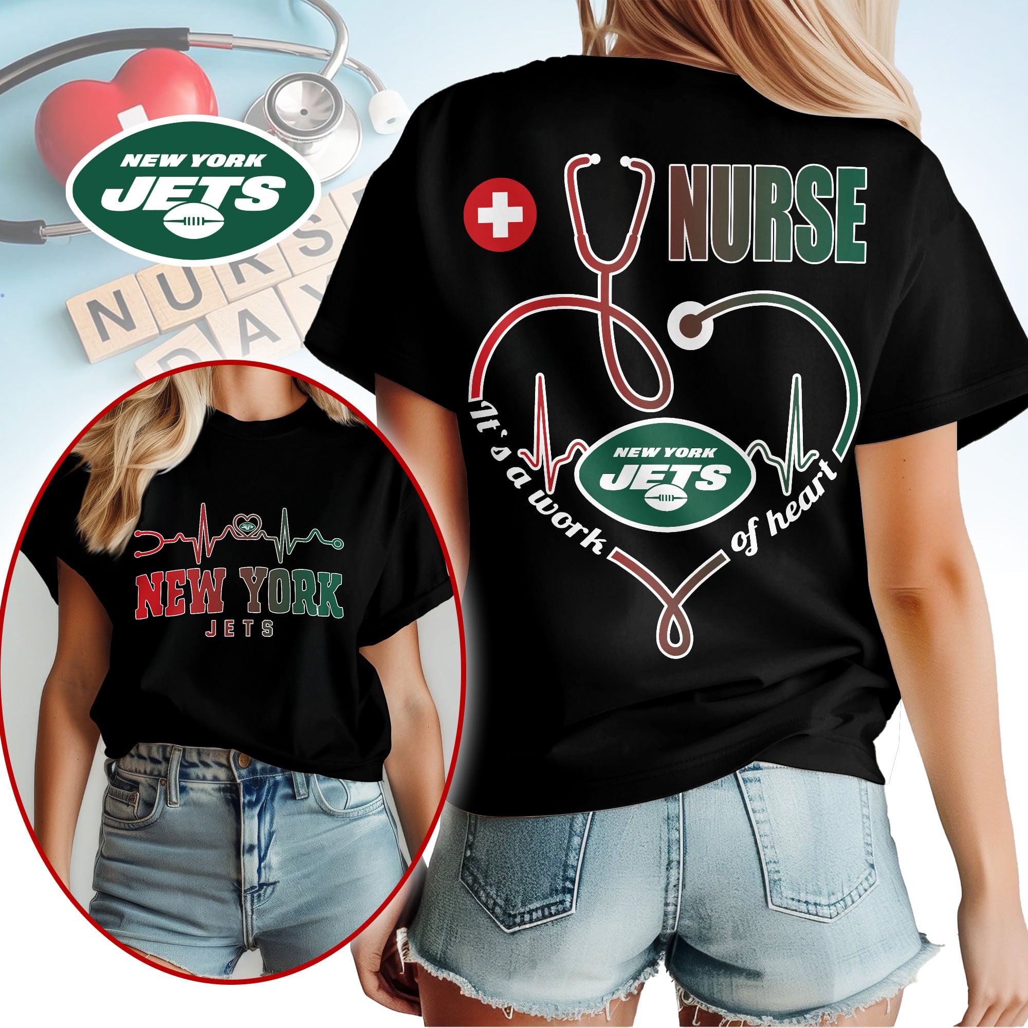 New York Jets | Premium NFL Nurse Heartbeat 3D T-Shirt NTH1 - Image 2