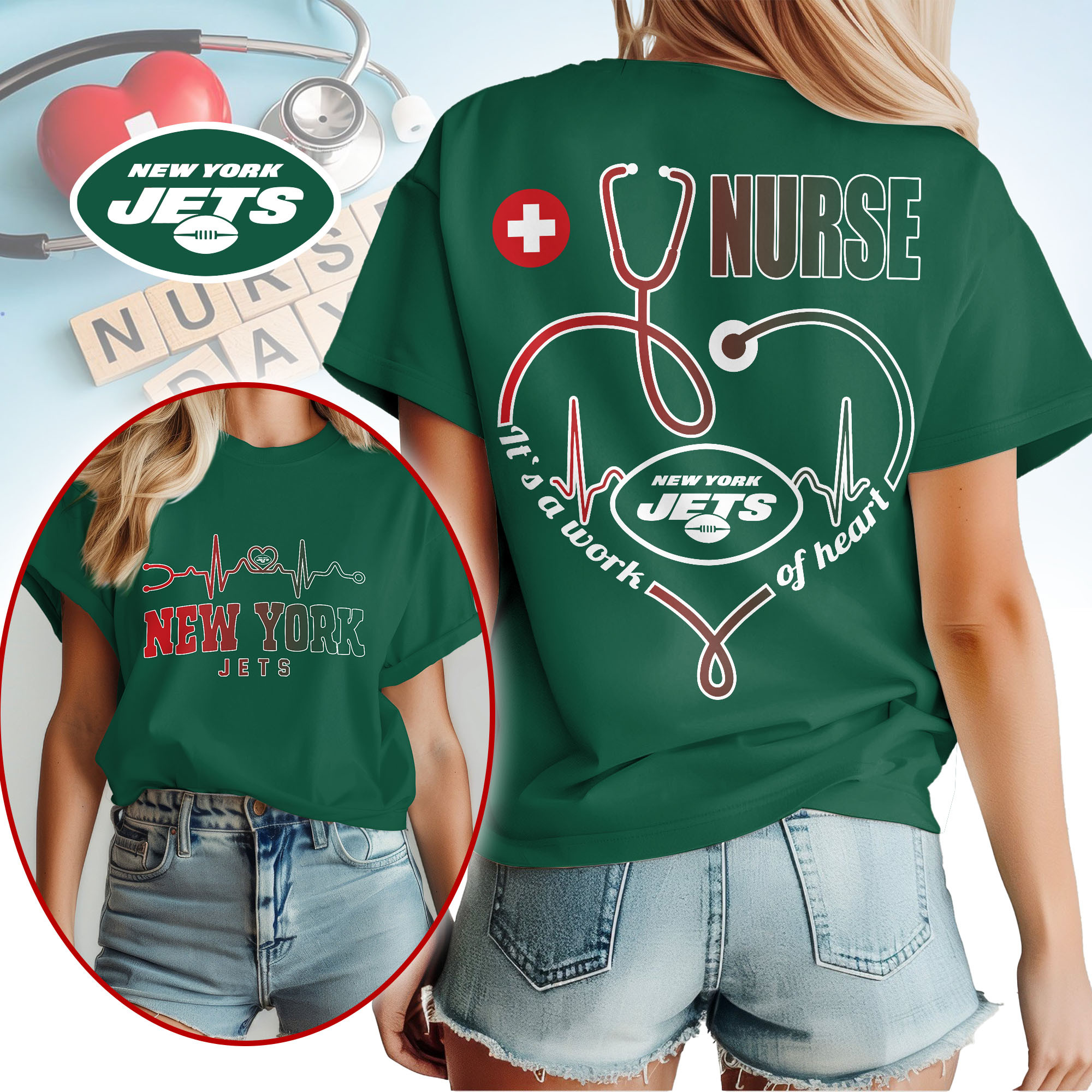 New York Jets | Premium NFL Nurse Heartbeat 3D T-Shirt NTH1 - Image 3