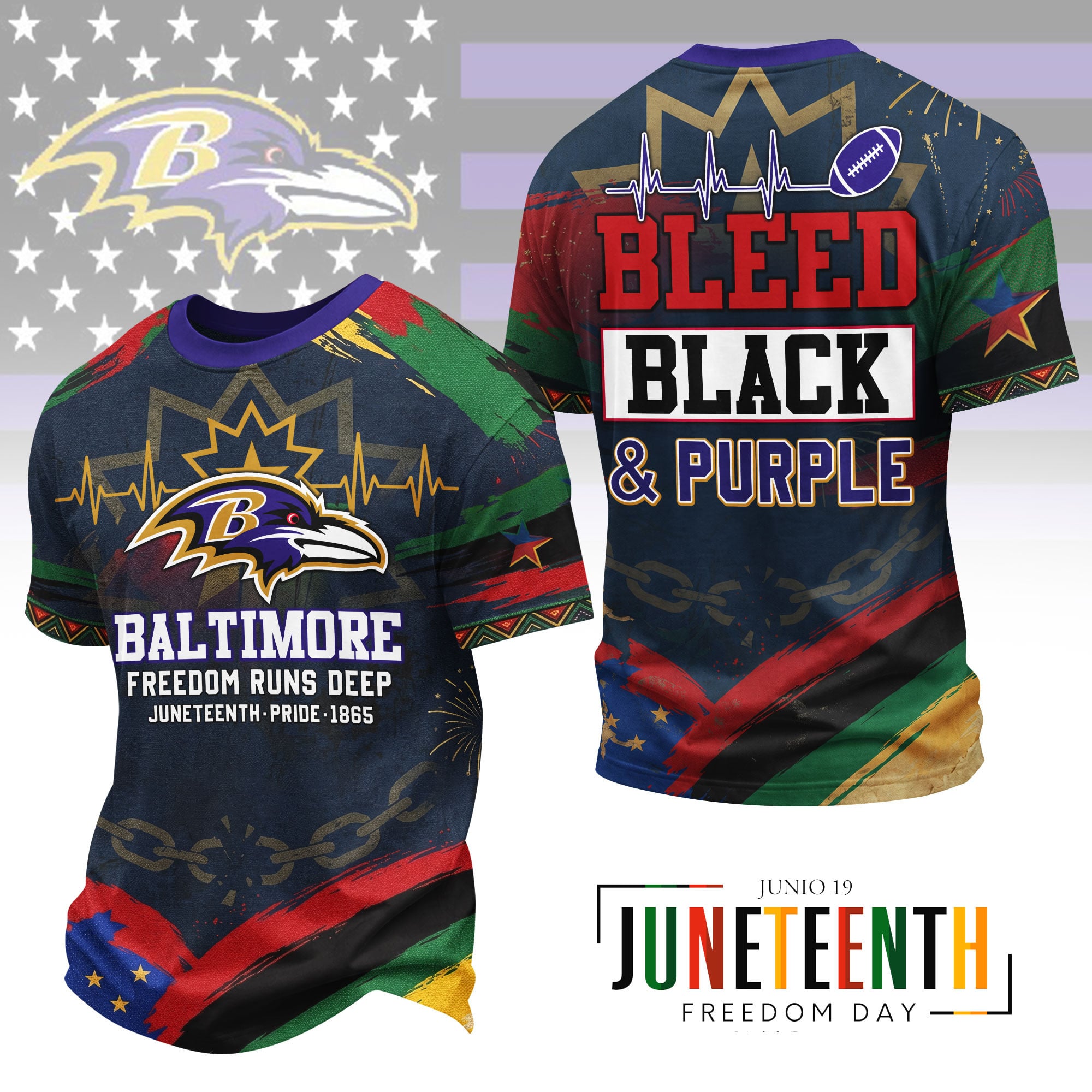 Baltimore Ravens | Premium NFL Juneteenth Freedom Runs Deep 3D Shirt