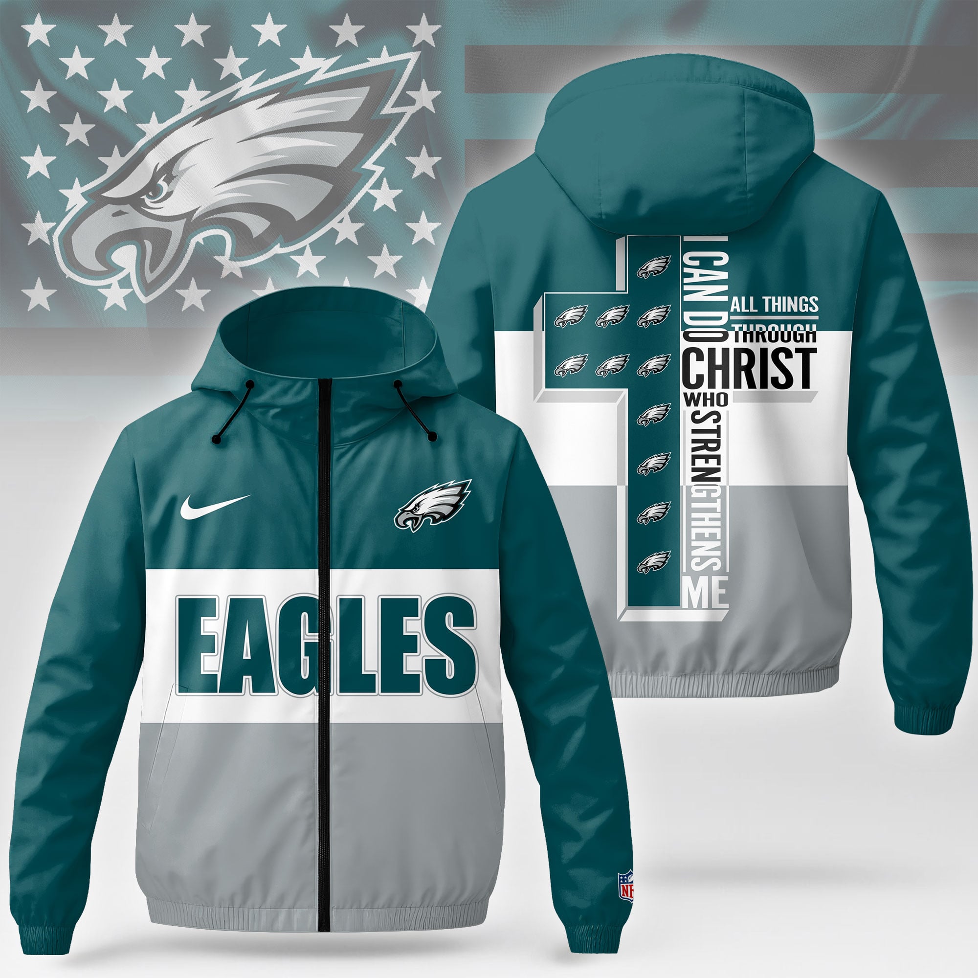 Philadelphia Eagles | Premium NFL Strength Through Christ Windbreaker Jacket NTH1