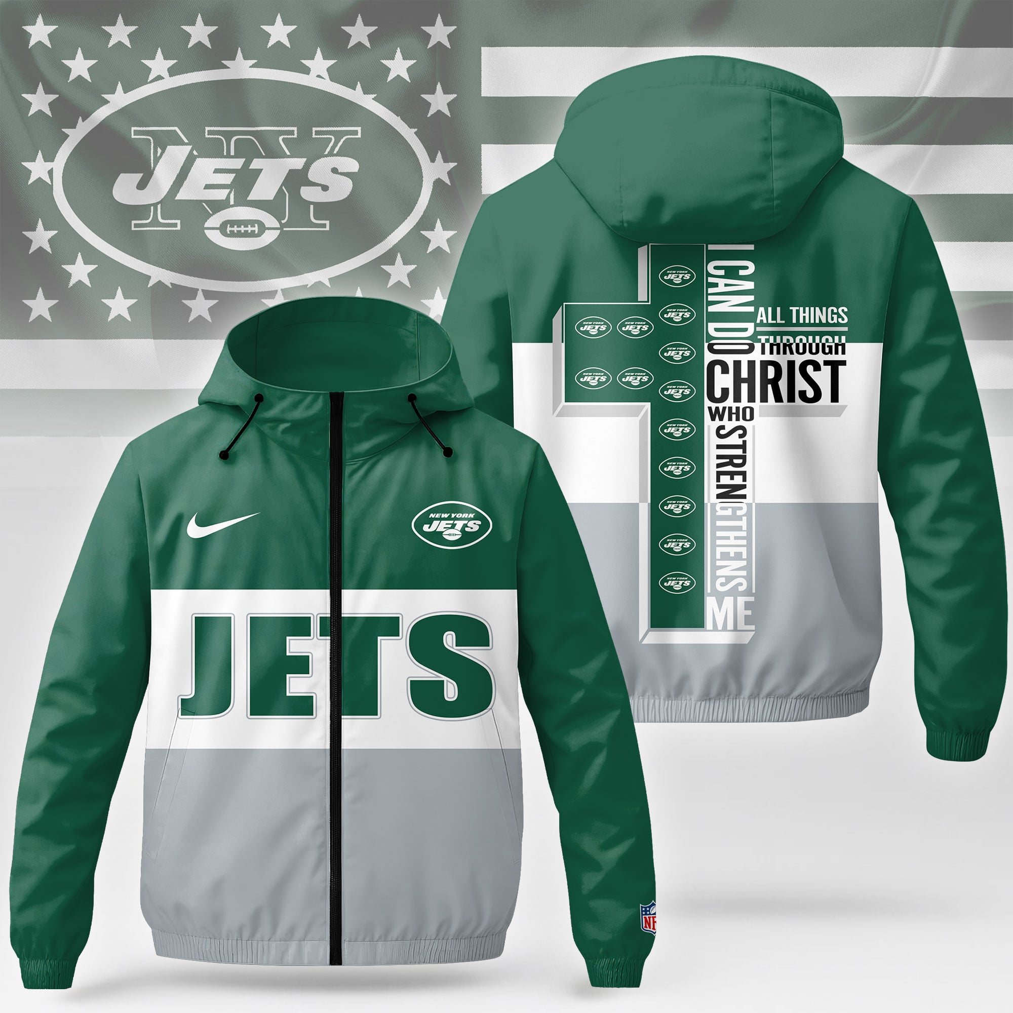 New York Jets | Premium NFL Strength Through Christ Windbreaker Jacket NTH1