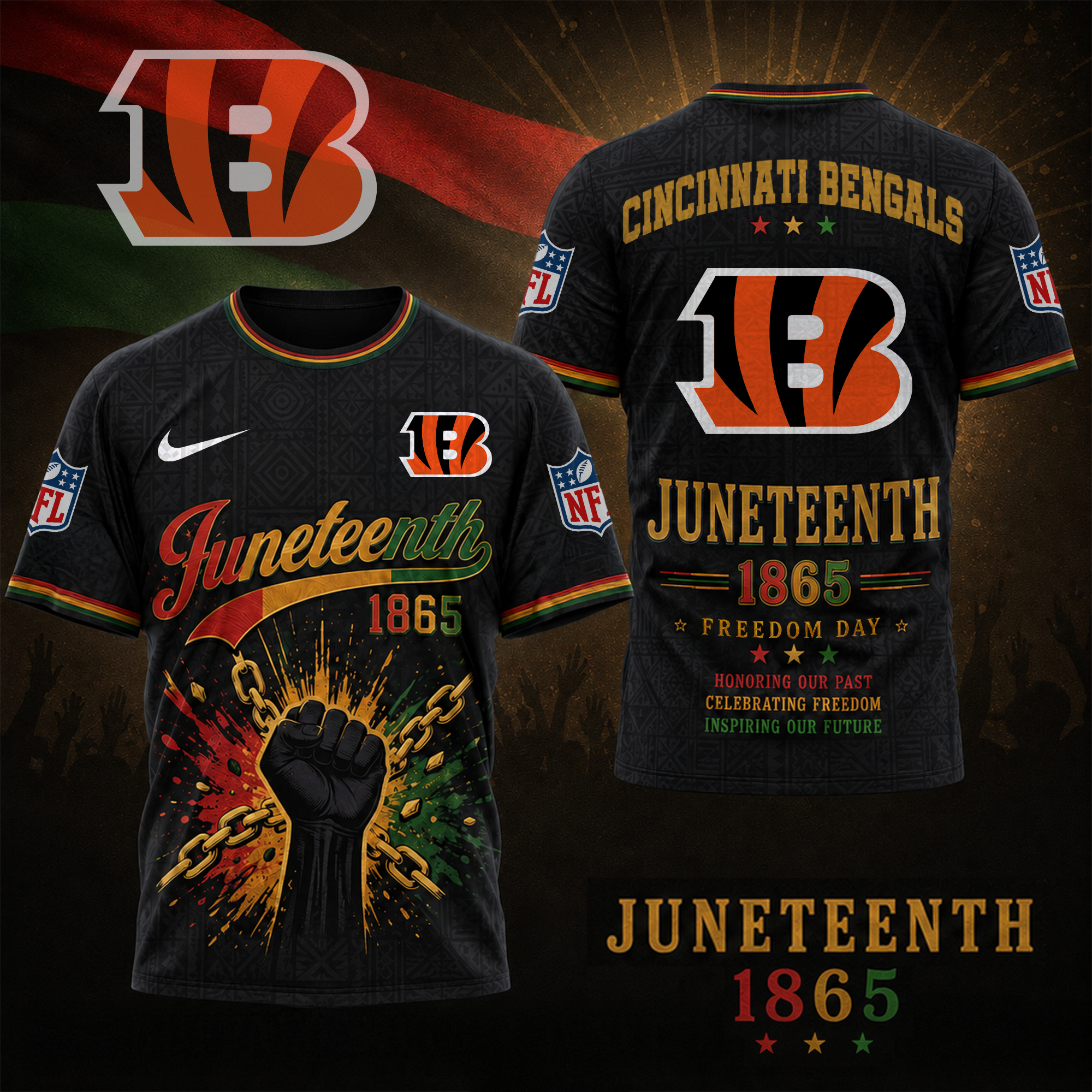 Cincinnati Bengals | Premium NFL Juneteenth Freedom Day 3D Shirt