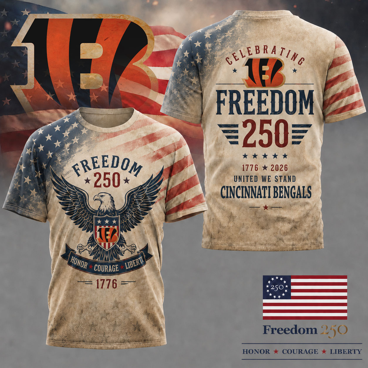 Cincinnati Bengals | Premium NFL Freedom 250 Patriotic 3D Shirt