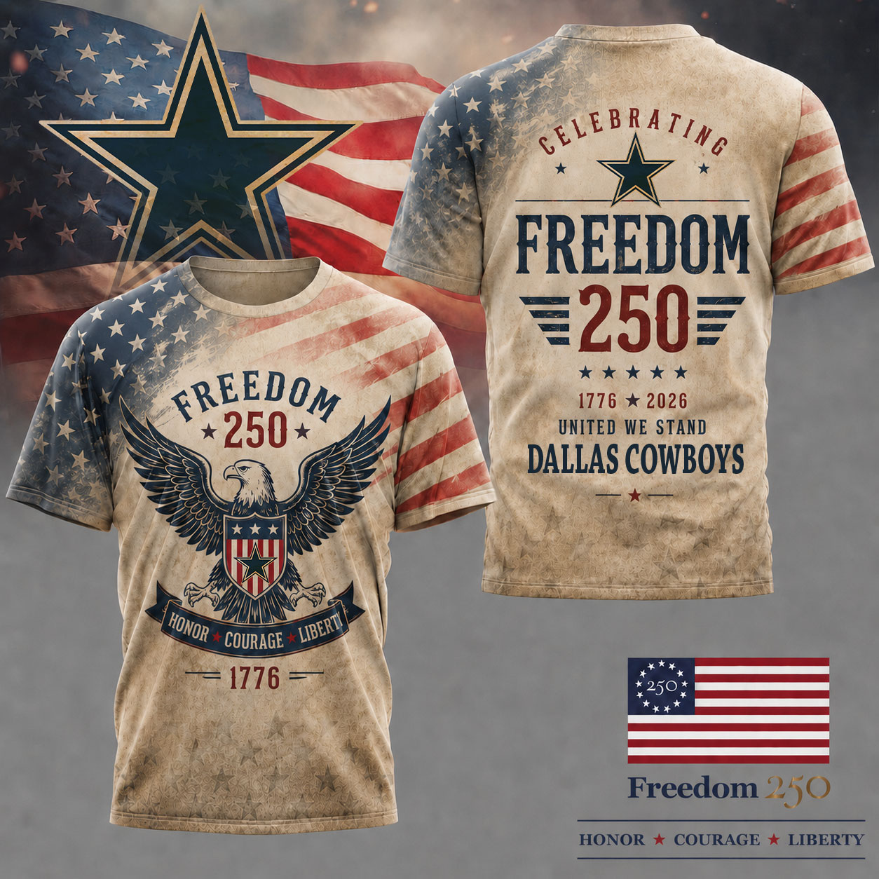 Dallas Cowboys | Premium NFL Freedom 250 Patriotic 3D Shirt
