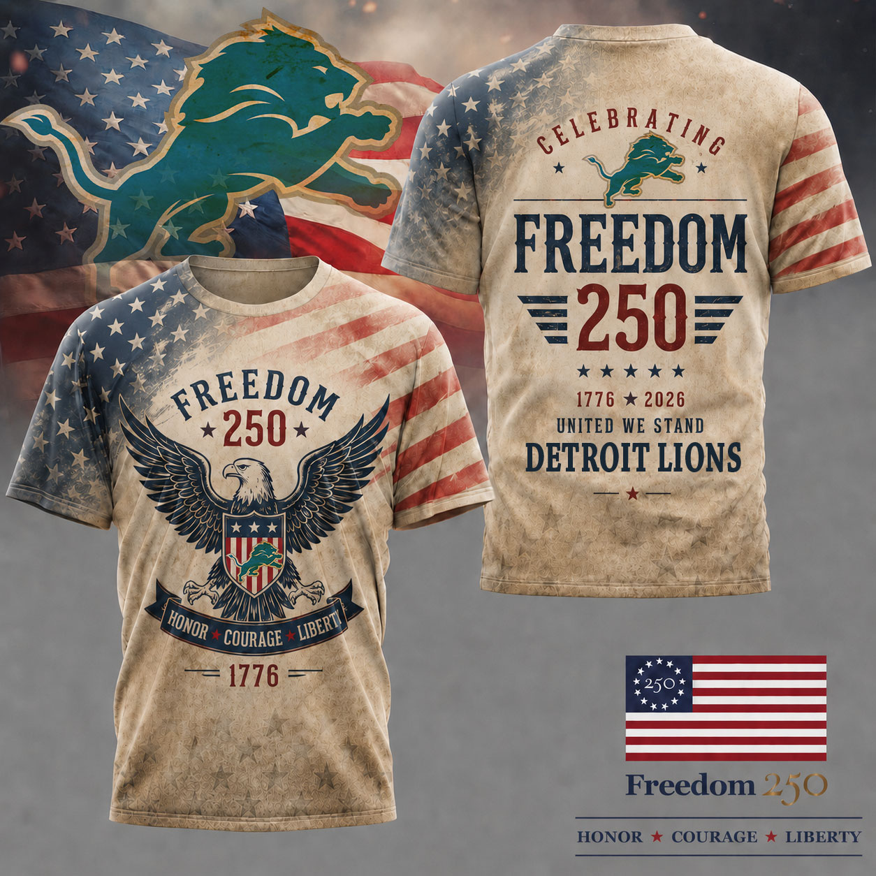 Detroit Lions | Premium NFL Freedom 250 Patriotic 3D Shirt