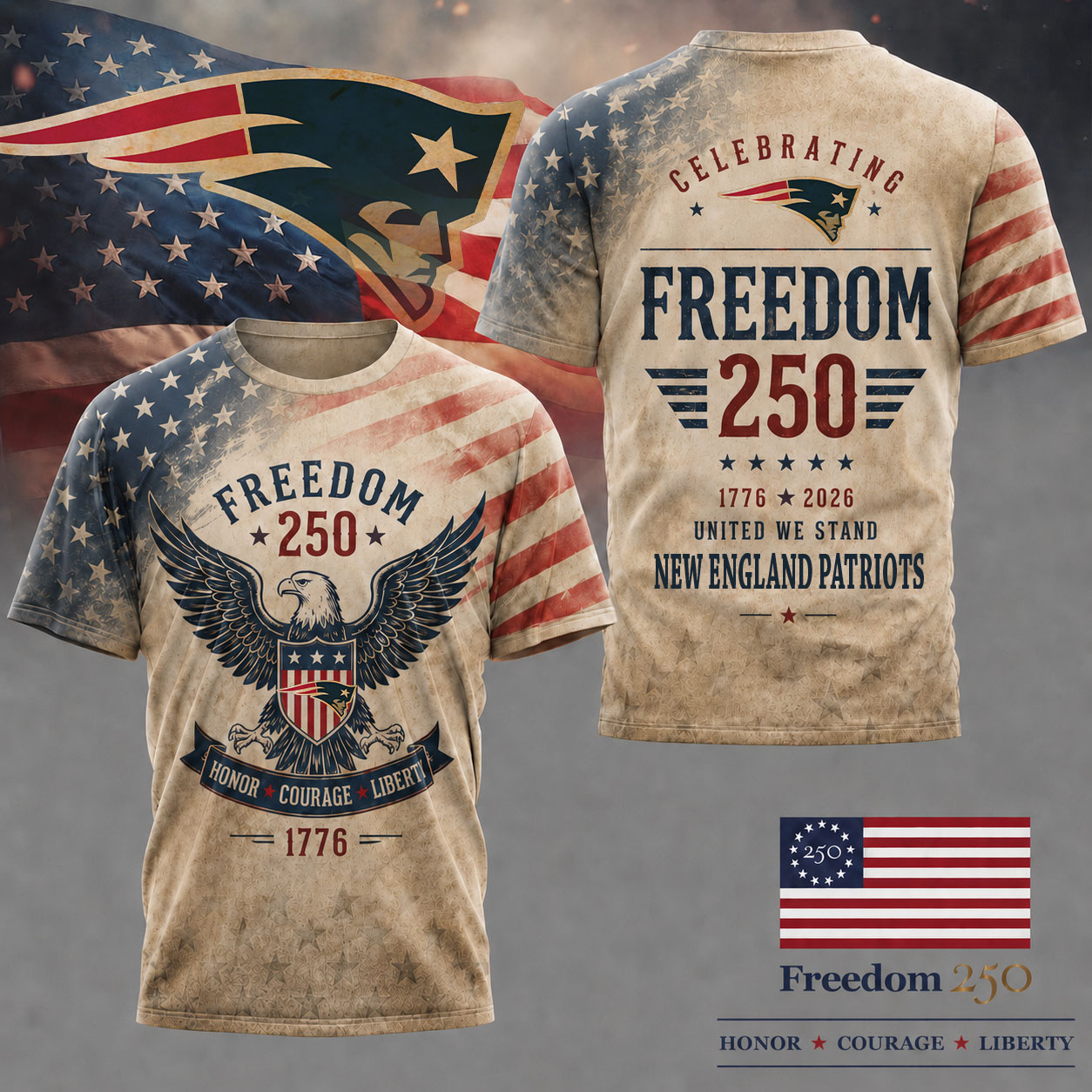 New England Patriots | Premium NFL Freedom 250 Patriotic 3D Shirt