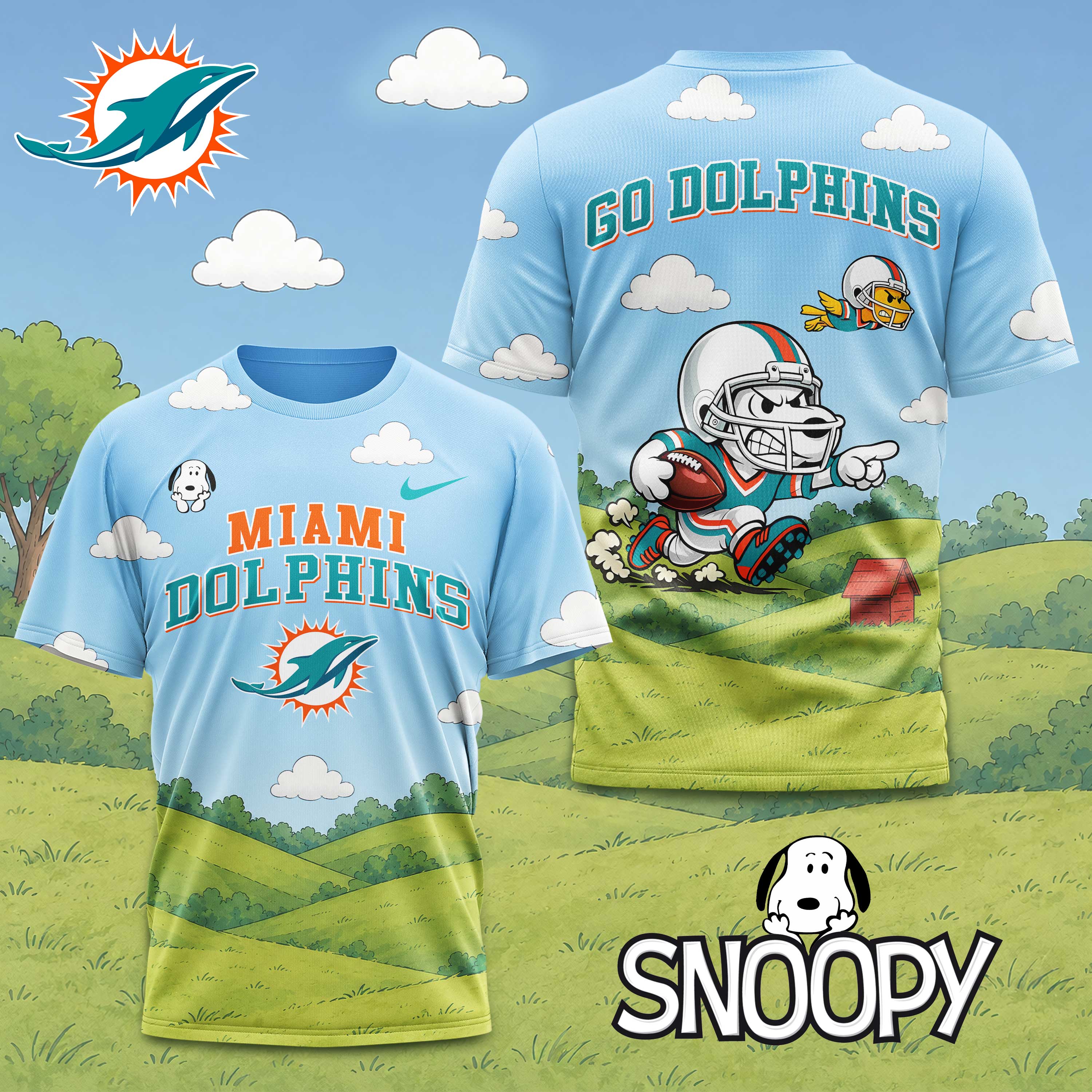 Miami Dolphins | Premium NFL Snoopy Touchdown 3D T-Shirt