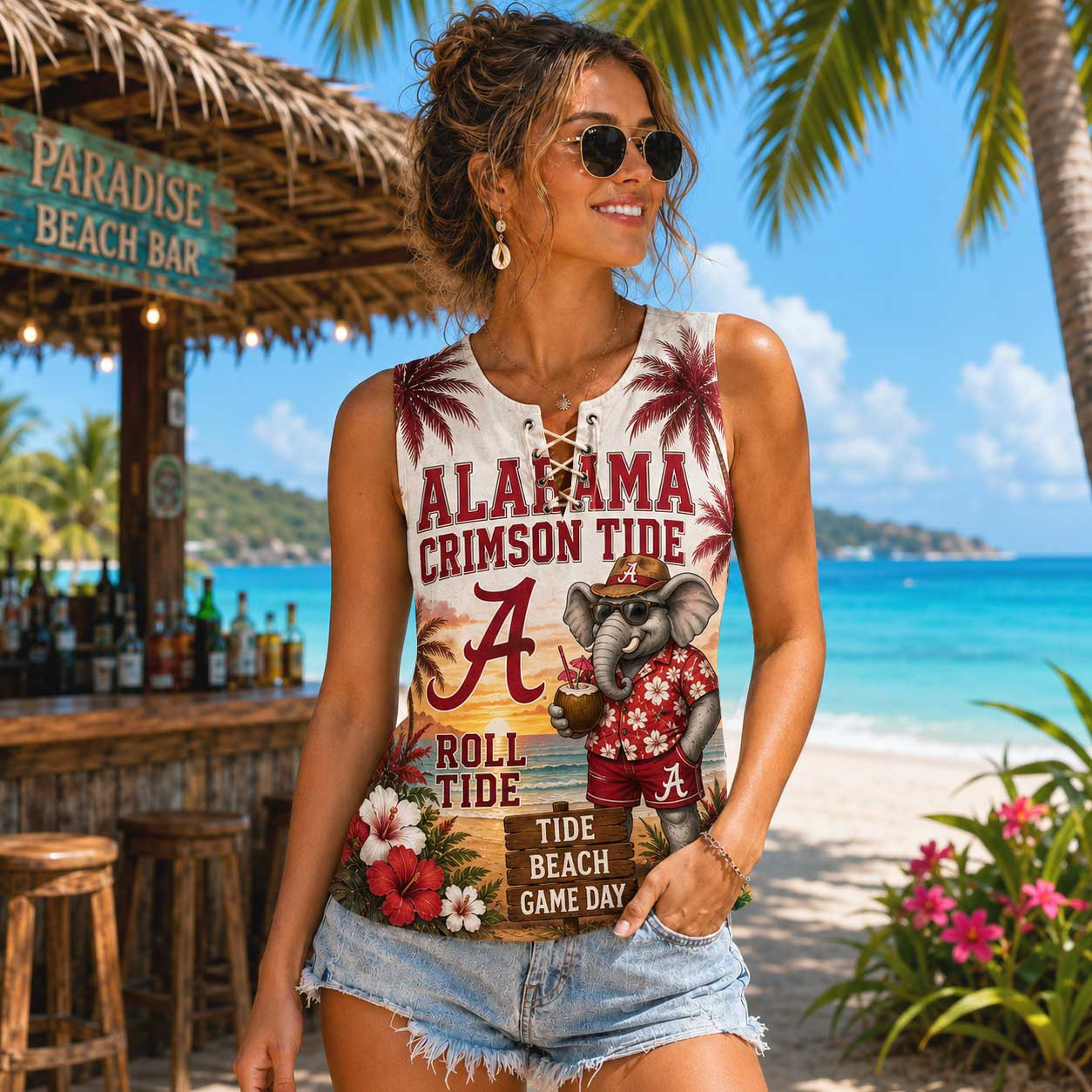 Alabama Crimson Tide | Premium NCAA Tropical Game Day Lace-Up Tank Top