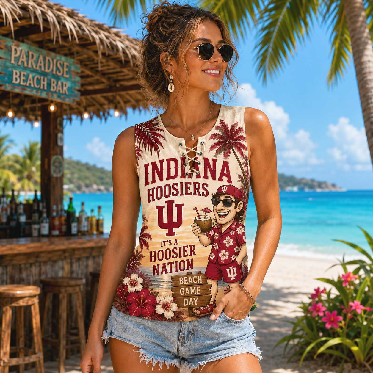 Indiana Hoosiers | Premium NCAA Tropical Game Day Lace-Up Tank Top