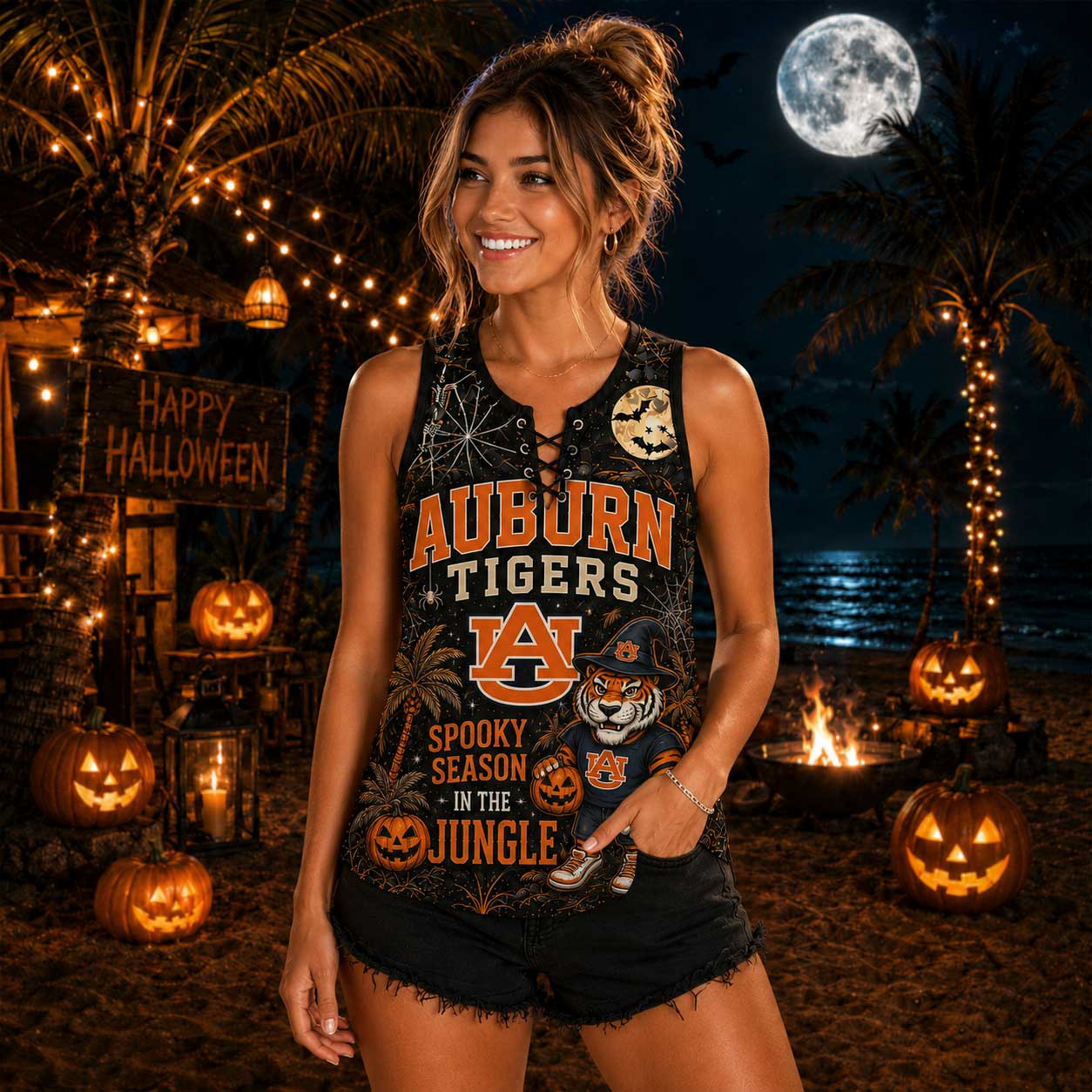 Auburn Tigers | Premium NCAA Halloween Night Lace-Up Tank Top