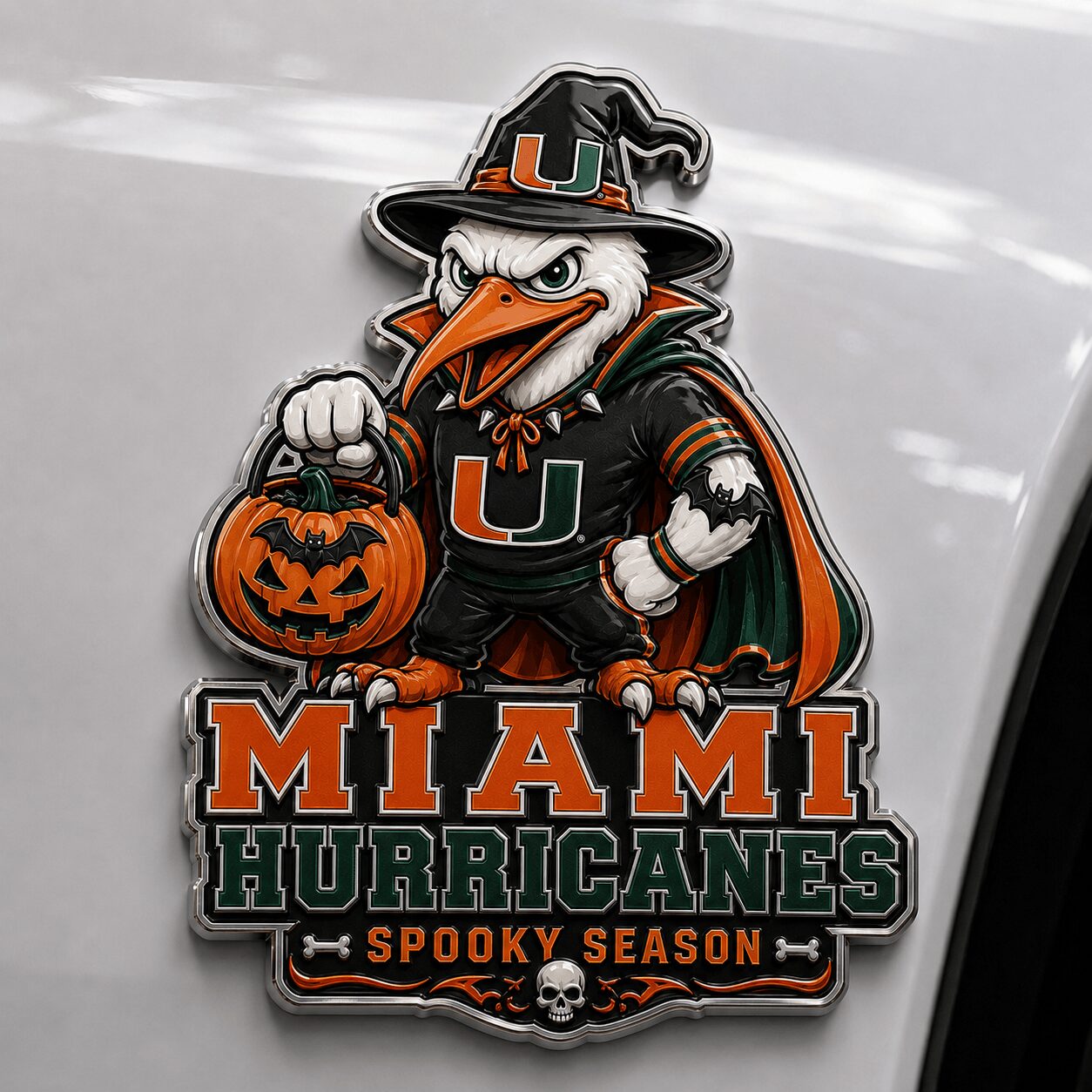 Miami Hurricanes | Premium NCAA Halloween Edition Car Namge Badge